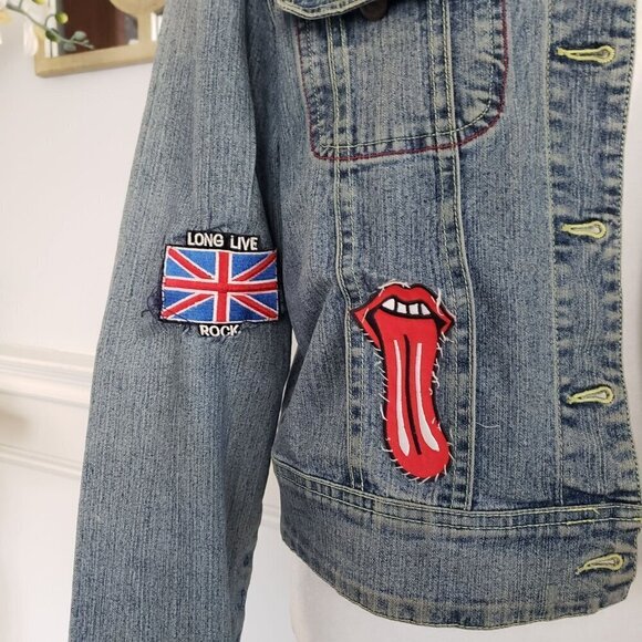 Vintage MED Denim Jean Biker Jacket UK Flag Rock & Roll Boho Retro Indie Grunge - Picture 11 of 16
